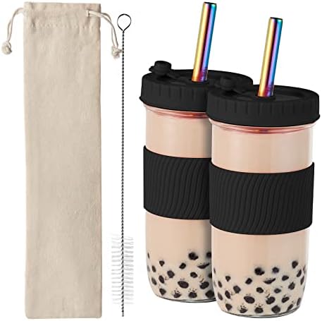 Amyoole 2 Pack Reusable Boba Cup, 24 oz Black Wide Mouth Smoothie Cup