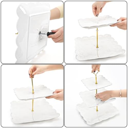 Tebery 2 Pack 3-Tier White Ceramic Embossed Dessert Cake Tower Stand