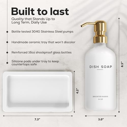 Brighter Barns Glass Soap Dispenser Set with Tray, Gold