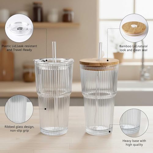 Ruckae Ribbed 2pack 20oz Glass Cups with Bamboo & Plastic Lids and