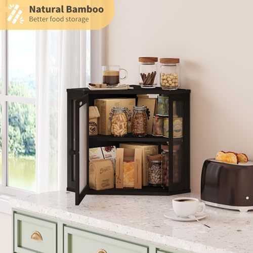 Corner Bread Box for Kitchen Countertop,Bread Storage for Homemade Bread, Double Layer Large Bamboo Kitchen Storage Bin with Window (Black, Medium)