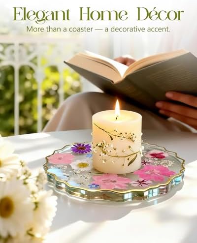 Oqplog Resin Drink Coaster for Desk Coffee Table-Pink White Cute Dried