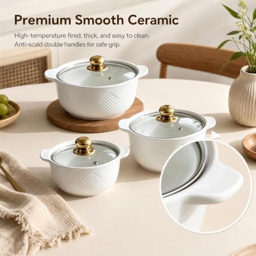 3-Pack Ceramic Casserole Dishes with Glass Lids, 1.8/2.5/3.8 Quart