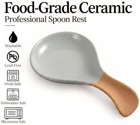 Ceramic Spoon Rest, Speckled Grey Farmhouse Utensil Holder, 8.3 in