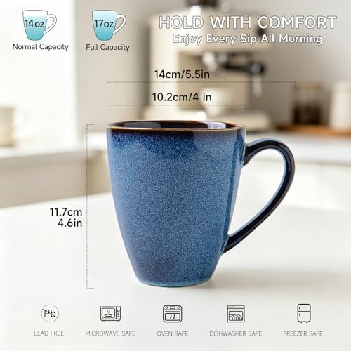 MONITO 17 OZ Coffee Mugs Set of 6, Large Ceramic Blue Coffee Mugs Set