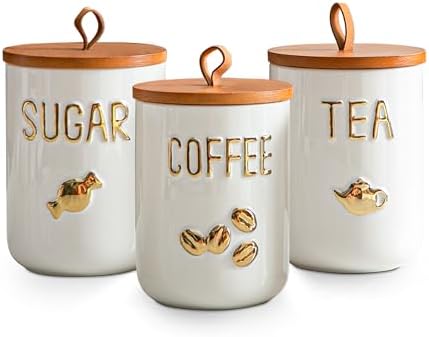 White Ceramic Canister Set for Coffee Tea Sugar, 3-Piece Food Storage