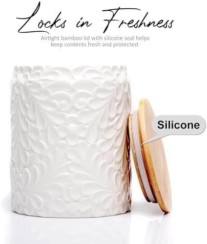 25DOL XXL 94 Oz Engraved Ceramic Kitchen Canister, Airtight Bamboo Lid