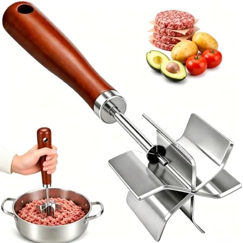 Stainless Steel Meat Masher & Potato Masher, 6 Blades Ground Beef