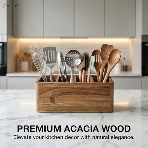 Dstuff Wooden Utensil Holder for Kitchen Counter - Extra Large Kitchen Utensils Holder & Organizer for Countertop - Acacia Wood Cooking Spoon Holder Crock (4 Compartments)
