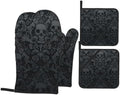 Victorian Gothic Black Skull Damask Oven Mitts and Pot Holders Sets of