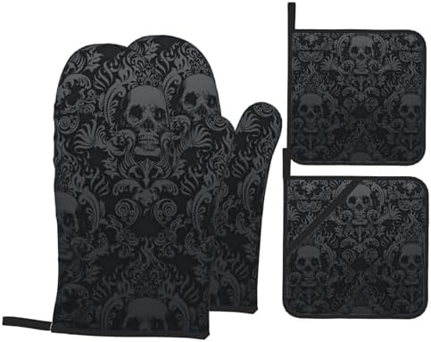 Victorian Gothic Black Skull Damask Oven Mitts and Pot Holders Sets of
