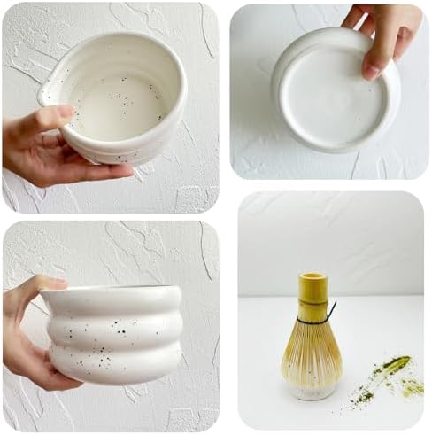 7-piece matcha kit includes matcha bowl. white speckled matcha tea set