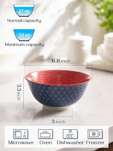 DOWAN Mosaian 33 OZ Large Bowl Set of 6 - Ceramic Deep Bowls for