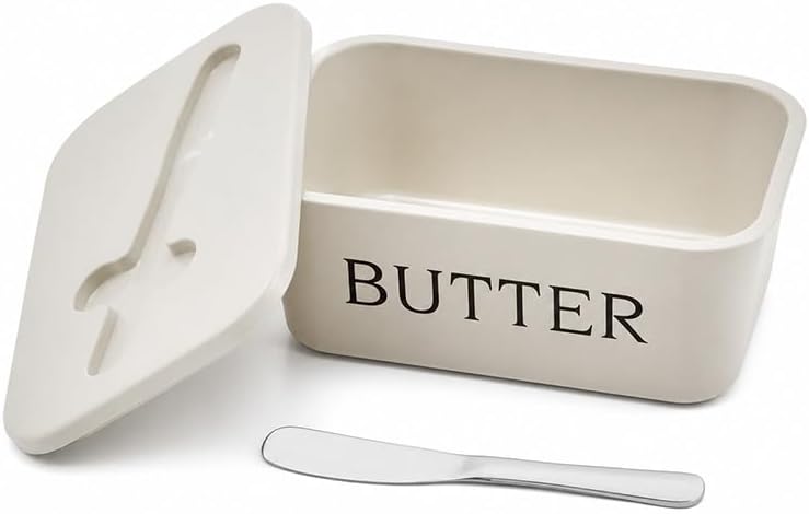 White Butter Dish with Lid and Knife, BPA-Free Butter Keeper with