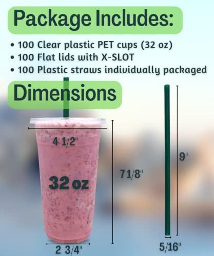 Cappatua [100 SETS] 32 oz Clear Plastic Cups with Lids and STRAWS