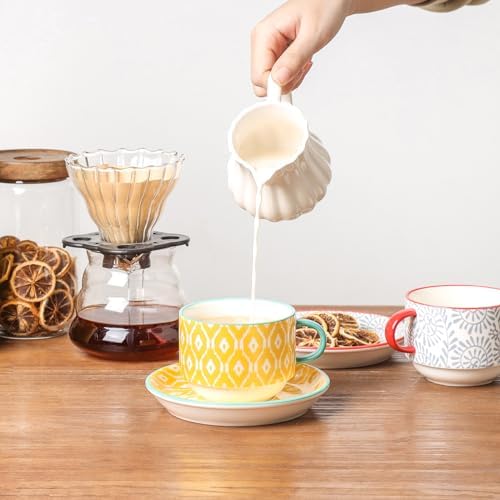 Selamica Ceramic Cappuccino Cups with Saucers and Metal Stand, 8 OZ