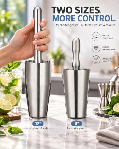 Stainless Steel Cocktail Muddler for Cocktails Set, 8 & 12 Inch