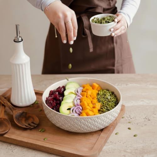KooK Ceramic Serving Bowls, Embossed, Oven Safe, Set of 2, Ivory