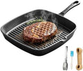 Cast Iron Grill Pan, 9.5" Square Griddle Skillet with Pour Spout, Oven Safe
