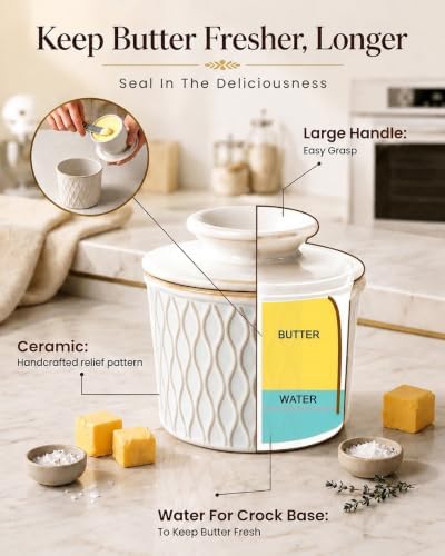 Butter Crock with Lid for Countertop, French Butter Dish with Water