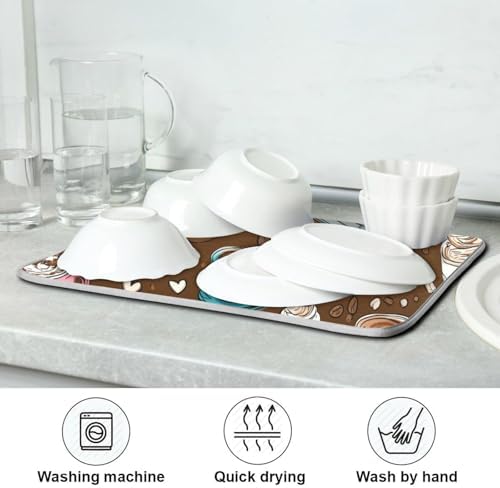 OTVEE Coffee Treat Art Dish Drying Mat for Kitchen Counter Absorbent