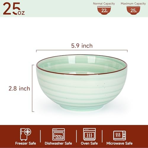 KitchenTour 24 OZ Cereal Bowls Set of 6, Ceramic Soup Bowls for