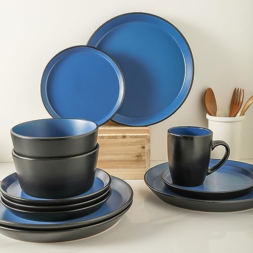 Stone Lain Albie Stoneware 32-Piece Modern Dinnerware Set, Kitchen Plates and Bowls Sets, Service for 8, Blue and Black, Microwave & Dishwasher Safe