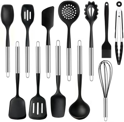 12PCS Silicone Kitchen Utensil Set, Stainless Steel Handled Cooking