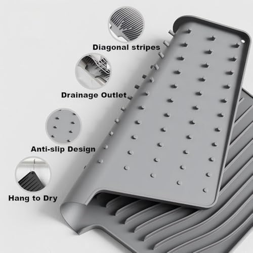 Silicone Dish Drying Mat with Raised Drainage Edges,Non-Slip and