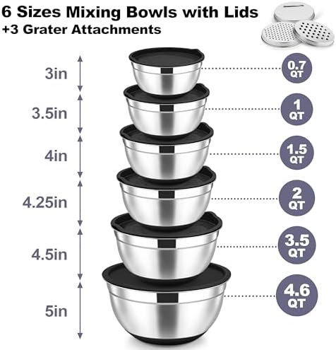 TeamFar Mixing Bowls, Stainless Steel Salad Bowl with Lid & Graters