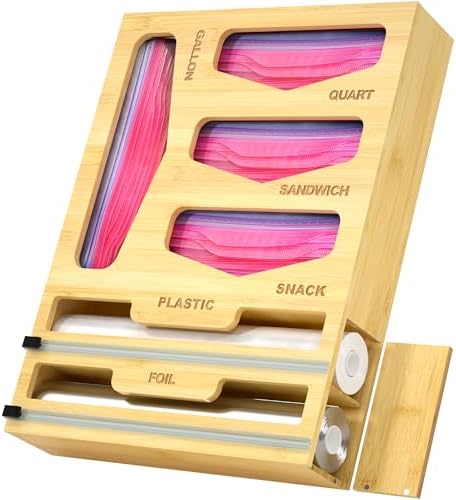 6 in 1 Bag Organizer and Wrap Dispenser with Magnetic Lid - Plastic Wrap Dispenser with Cutter for Kitchen Drawer, Storage for Gallon, Quart, Sandwich, Snack Bags, and Foil Beige