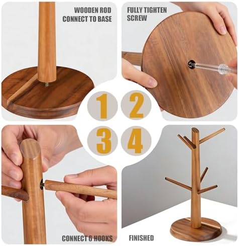 Coffee Mug Tree 6-Hook,Acacia Wood Mug Holder Countertop