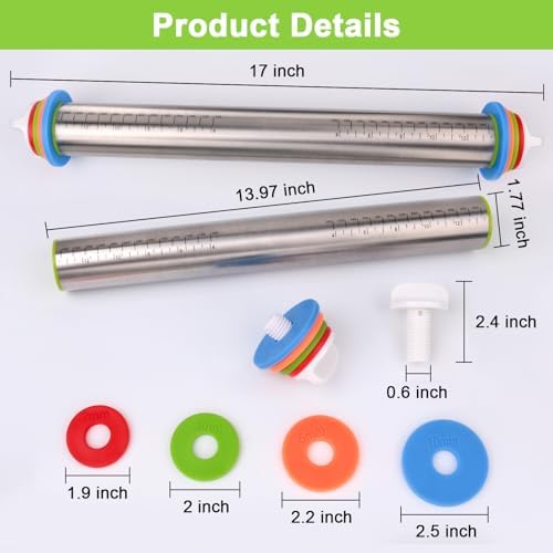 Adjustable Stainless Steel Rolling Pin with Thickness Rings