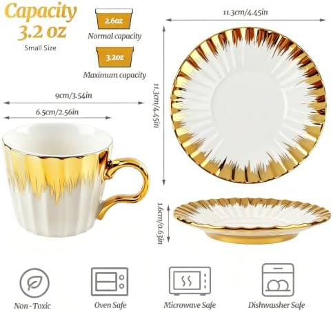 Coffee Cup Set of 6 with Saucers, 3.5 OZ Ceramic Espresso Cups, Deco