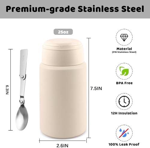 Thermo for Hot & Cold Food, 25oz Insulated Food Jar with Handle Spoon