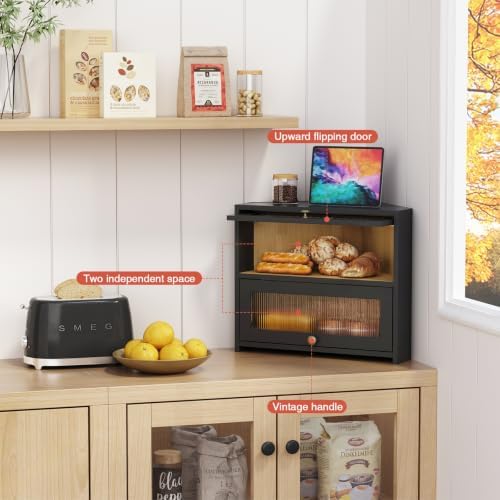 Goozii Corner Bread Box for Kitchen Countertop, Double Layer Large Breadbox for Counter Top, 2 Tier Roll Up Vintage Farmhouse Homemade Bread Storage Container Holder Keeper for Cabinet (Black)