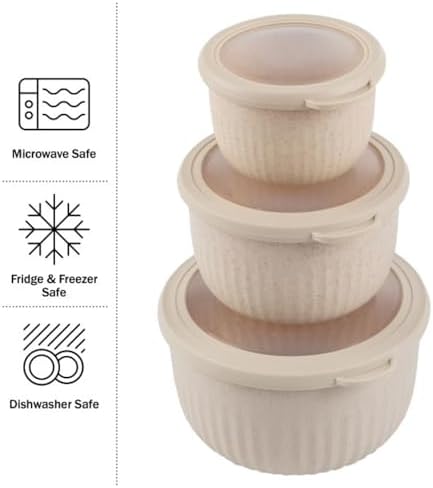 Classic Cuisine Bowls with Lids, Beige, Set of 3, 7”/5.5”/4.25”
