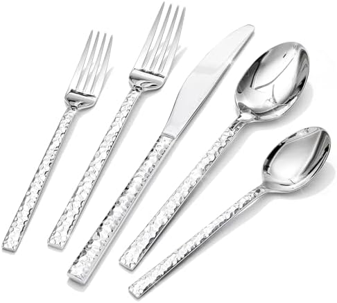 20 Piece Hammered Silverware Set, 18/10 Stainless Steel Flatware Set