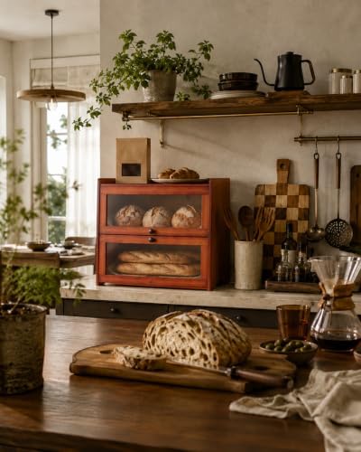 Brown Bread Box for Kitchen Countertop, 2 Tier Large Capacity Wooden Bread Storage Container, Farmhouse Bread Keeper for Bread, Bagels, Pantry Organizer