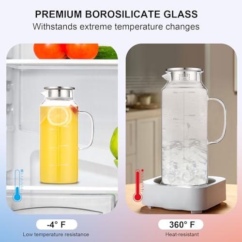 2-Pack Glass Pitcher with Lid, 68oz 2 Quart Water Pitchers With Handle