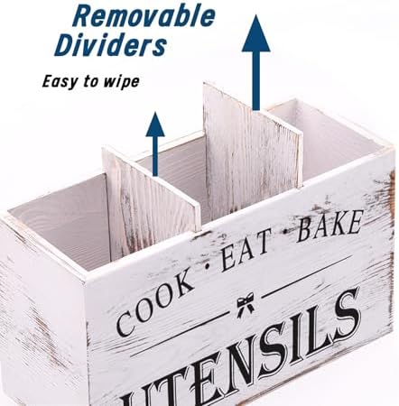 Kitchen Utensil Holder for Counter or Countertop, Extra Large Wood Organizer with 3 Compartments, Wooden Storage for Cooking and Silverware, Rustic Minimalist Decor, Sturdy Utensil Crock-White