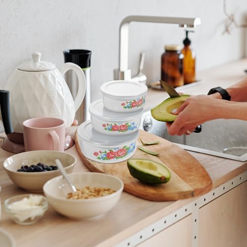 SUPVOX 3Pcs Vintage Enamel Nesting Bowls with Lids, Floral Print Food