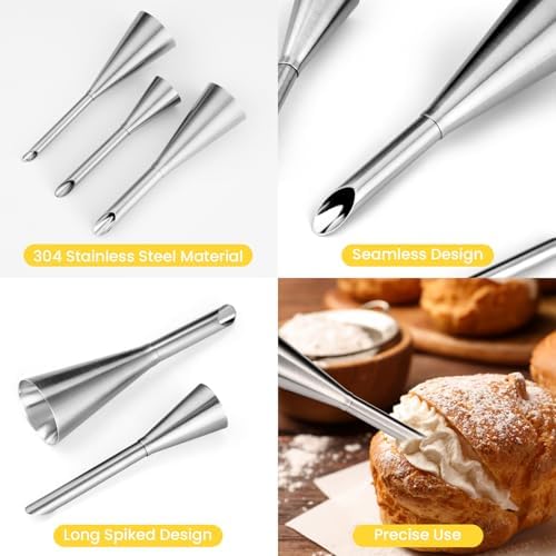 Kasmoire 3Pcs Cream Icing Piping Nozzle Tips,Stainless Steel Long Puff