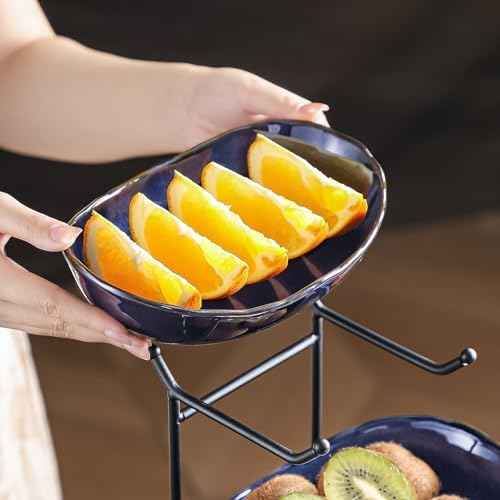 2-Tier Fruit Bowls for Kitchen Counter,Dark Blue Ceramic Bowl with Black Metal Stand,2 Tier Fruit Basket for Fruit,Snack,Cake,Nuts,Dessert Storage