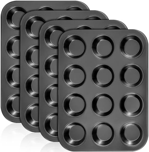 Domensi 4 Pcs Muffin Pan 12 Cup Carbon Steel Cupcake Baking Pan