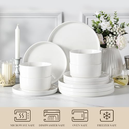 MALACASA 12 Pieces Porcelain Dinnerware Set, Modern White Dish Set for