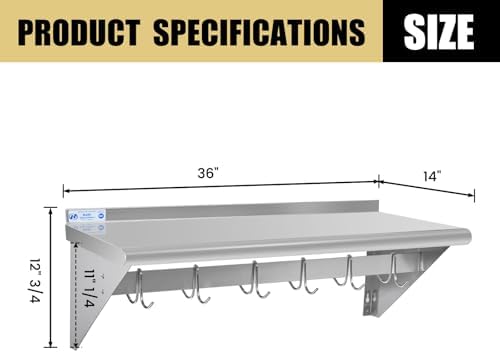 Hally Stainless Steel Shelf with 6 Hooks 14"x36" Wall Mounted Pot Rack NSF