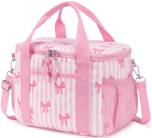 BTOOP Insulated Lunch Bag, Medium 9L, Pink Bow Strips