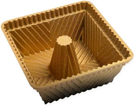 Square Fluted Tube Cake Pan, 10-Cup Compact Size, Dual-Tone Gold &