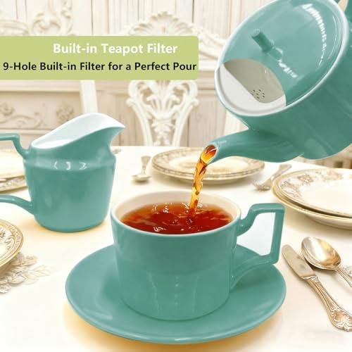 Mint Green Tea Set with Teapot, Cups, Sugar & Creamer Set, Afternoon